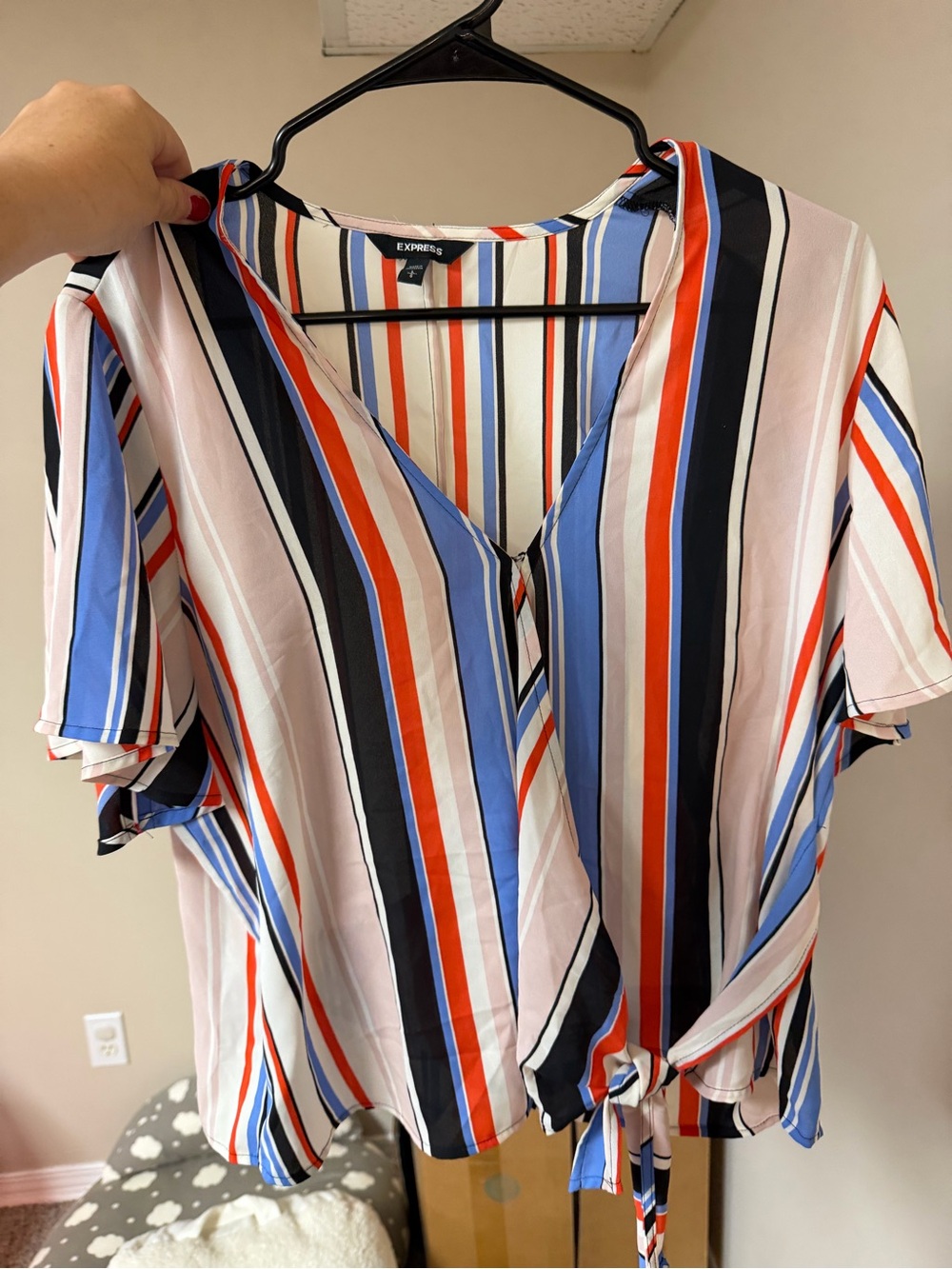 Express Multicolor Vertical Stripe Tie-Front Blouse - Blue/Red/Black/Cream SZ L